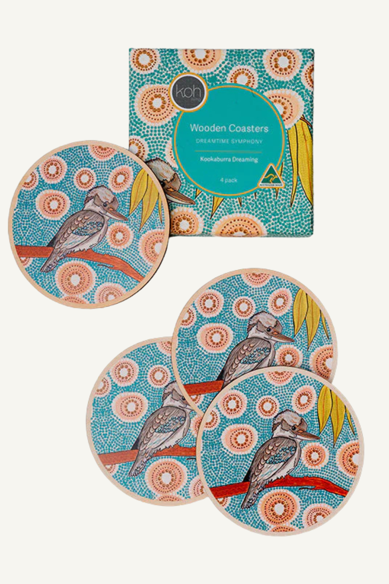 Aboriginal Kookaburra Wooden Coaster 4 Pack