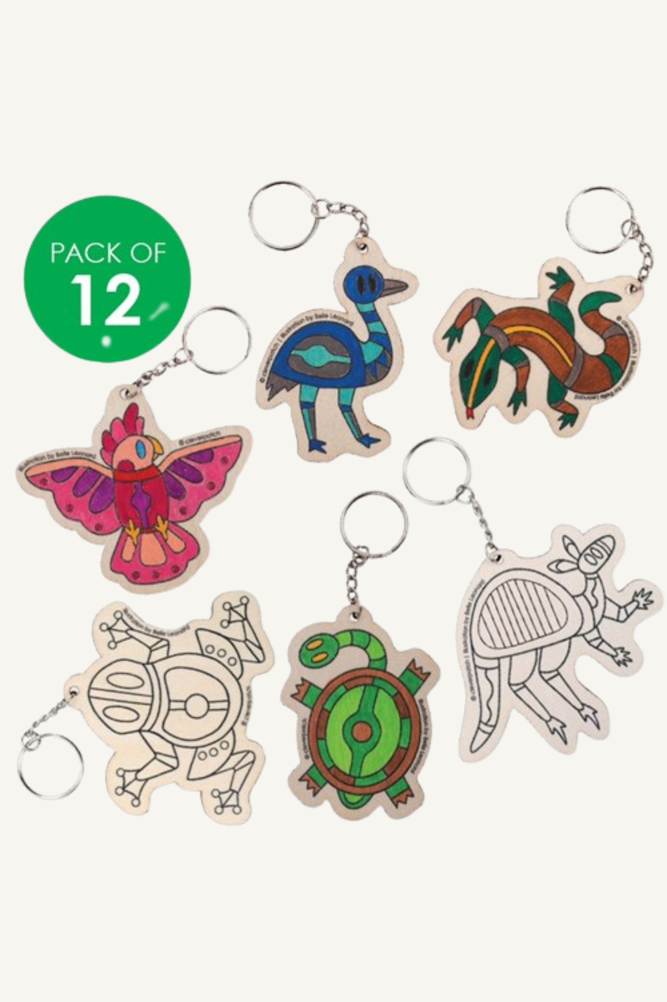 Printed Wooden Keyrings - Indigenous Animals - Pack of 12