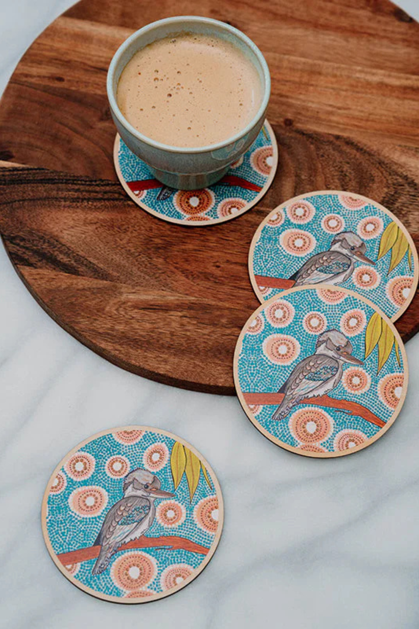 Aboriginal Kookaburra Wooden Coaster 4 Pack