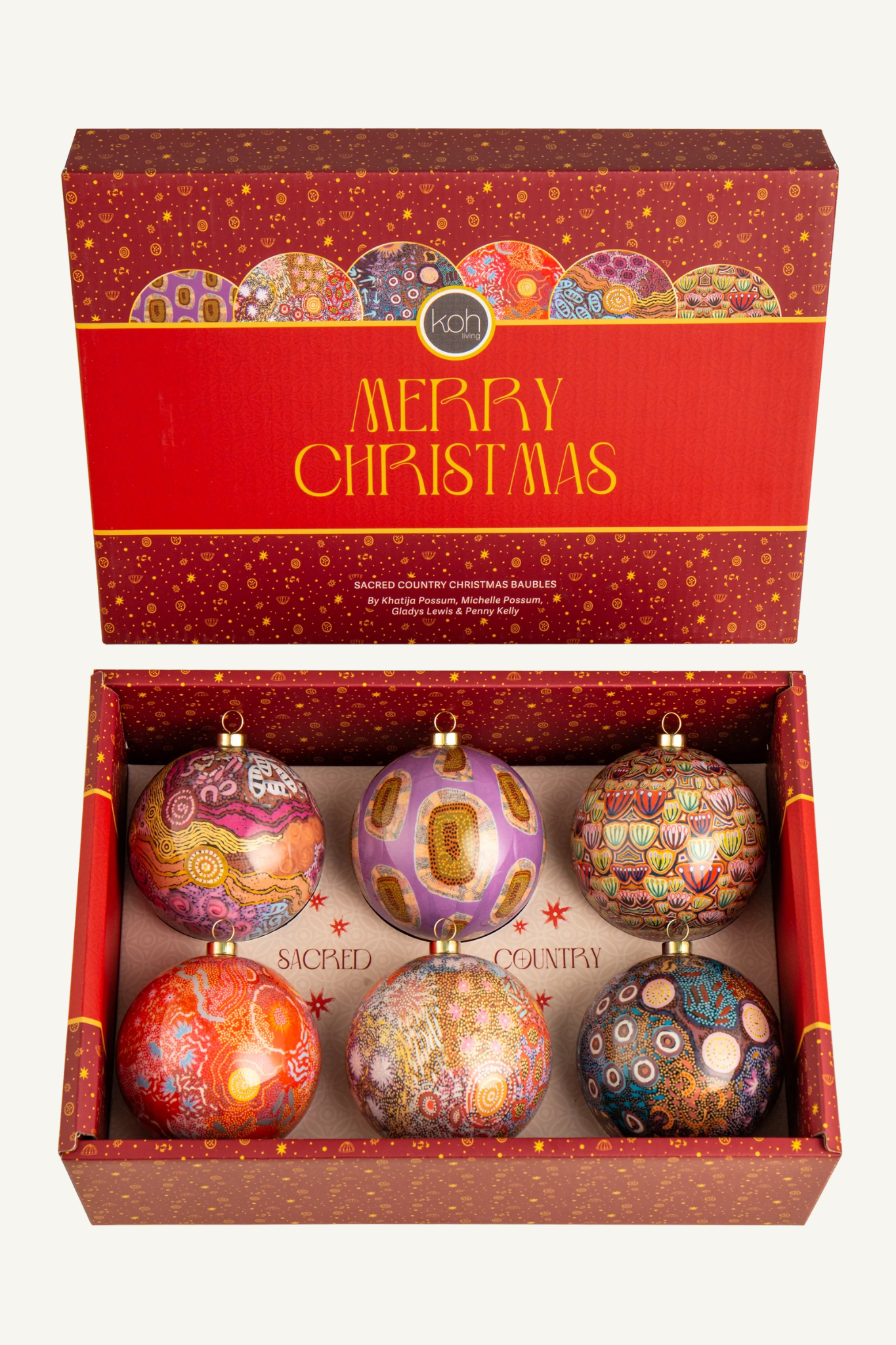 Aboriginal Sacred Country 6pack Christmas BAUBLES RED